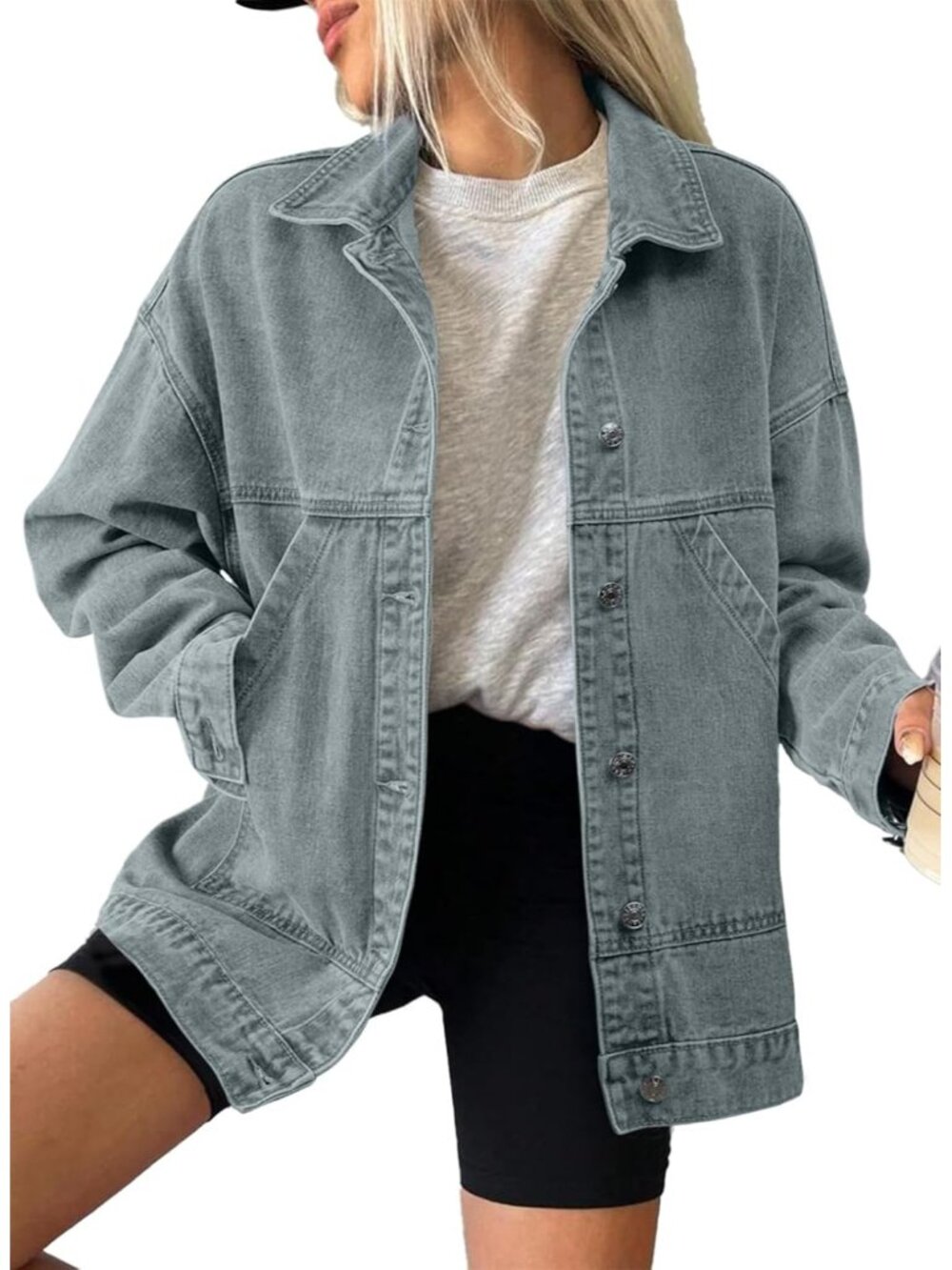 Women's Clearly Aqua Long Sleeve Fall Winter Casual Pockets Jean Jacket Coat